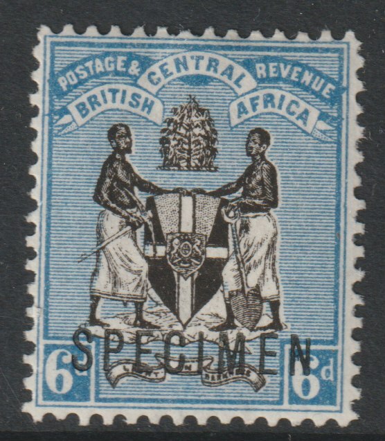 British Central Africa 1895 Arms 6d overprinted SPECIMEN with Short Topped N variety (Position 54) with gum, stamps on specimens