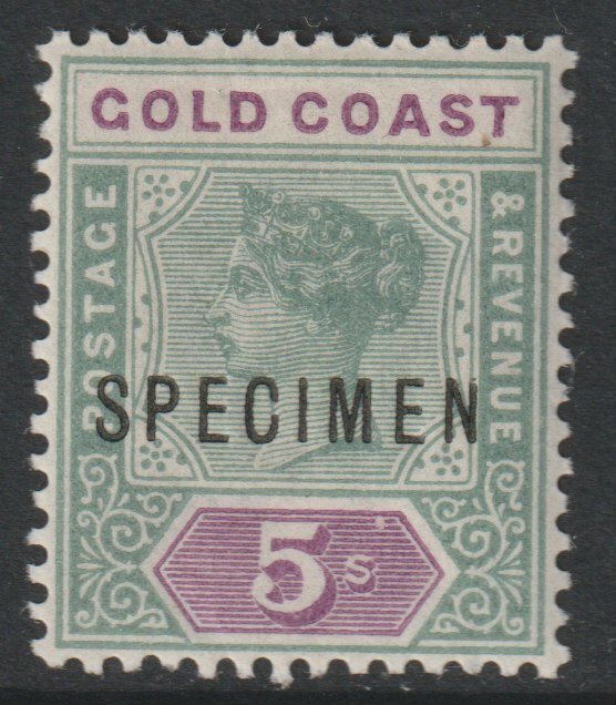 Gold Coast 1900 QV 5s overprinted SPECIMEN with Short Topped N variety (Position 54) with gum, stamps on specimens