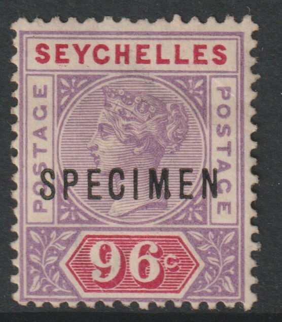 Seychelles 1890 QV 96c overprinted SPECIMEN with Club Foot on M variety (Occurs in positions 17 & 47) with gum, stamps on specimens