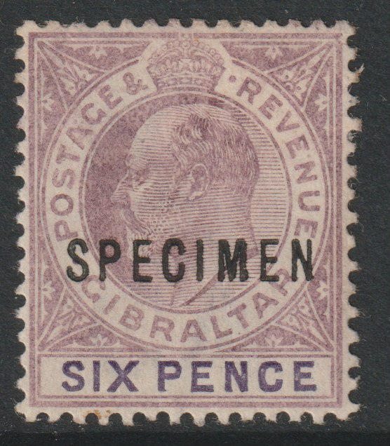 Gibraltar 1903 KE7 6d overprinted SPECIMEN with Club Foot on M variety (Occurs in positions 17 & 47) with gum, stamps on , stamps on  stamps on specimens