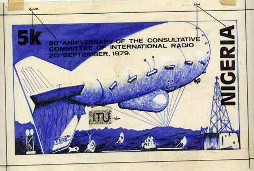 Nigeria 1979 International Radio Committee - original hand-painted artwork for 5k value (Showing Radio Airship) on card 8 x 5 with overlay endorsed A5, stamps on aviation, stamps on airships, stamps on radio, stamps on communications