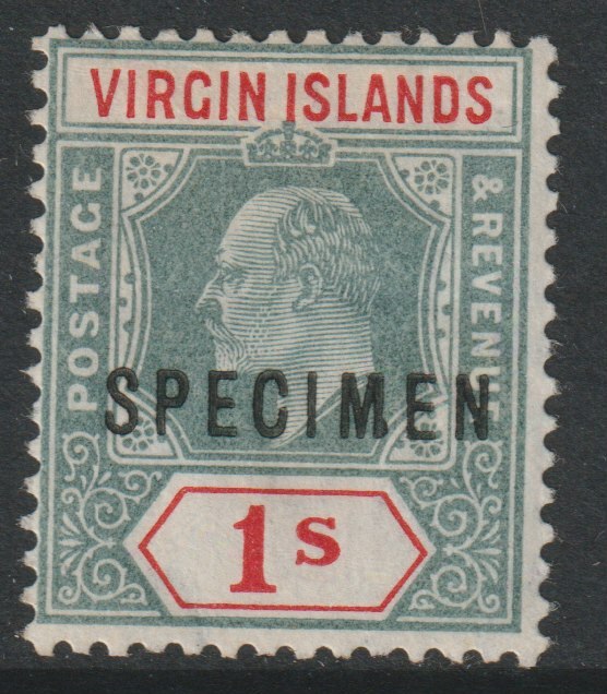 British Virgin Islands 1904 KE7 1s overprinted SPECIMEN with Club Foot on M variety (Occurs in positions 17 & 47) with gum, stamps on , stamps on  stamps on specimens
