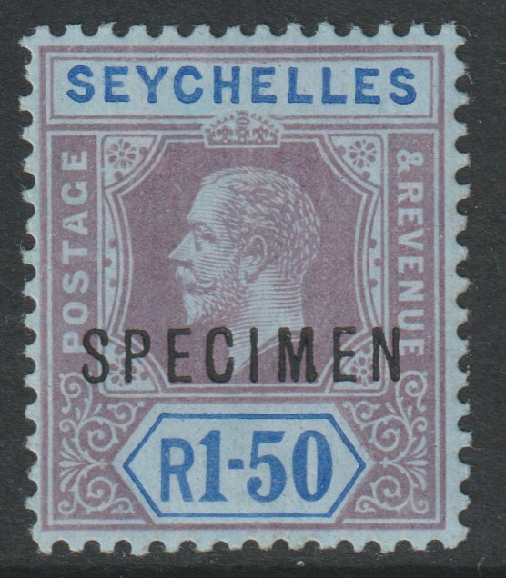 Seychelles 1918 KG5 1r50 overprinted SPECIMEN with Club Foot on M variety (Occurs in positions 17 & 47) with gum, stamps on specimens