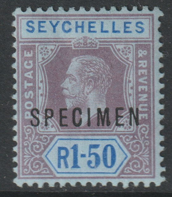 Seychelles 1918 KG5 1r50 overprinted SPECIMEN with Club Foot on M variety (Occurs in positions 17 & 47) with gum, stamps on specimens