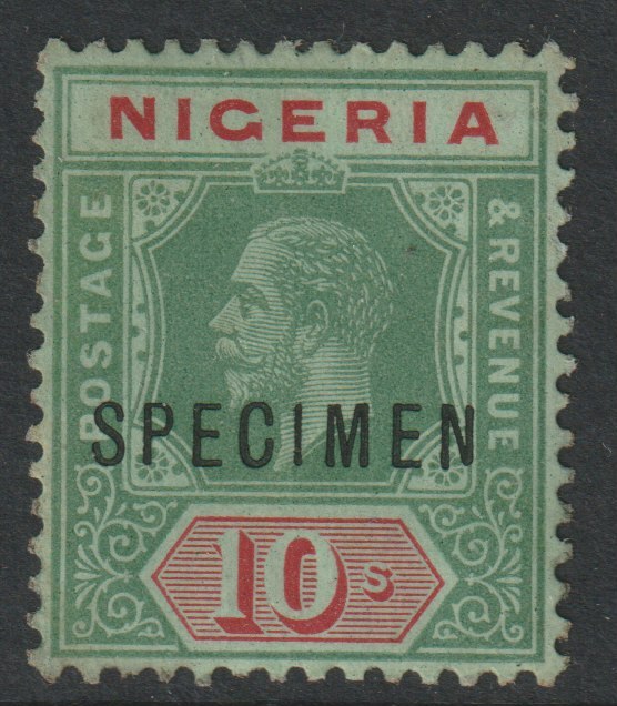 Nigeria 1915 KG5 10s overprinted SPECIMEN with Short Footed N variety (Position 30) with gum, stamps on specimens