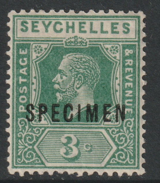 Seychelles 1921 KG5 3c overprinted SPECIMEN with Short Footed N variety (Position 30) with gum, stamps on specimens