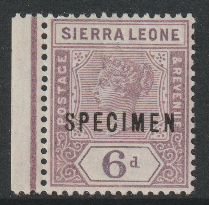 Sierra Leone 1897 QV 6d overprinted SPECIMEN with Flat Topped S variety (Position 49) marginal with gum, stamps on specimens