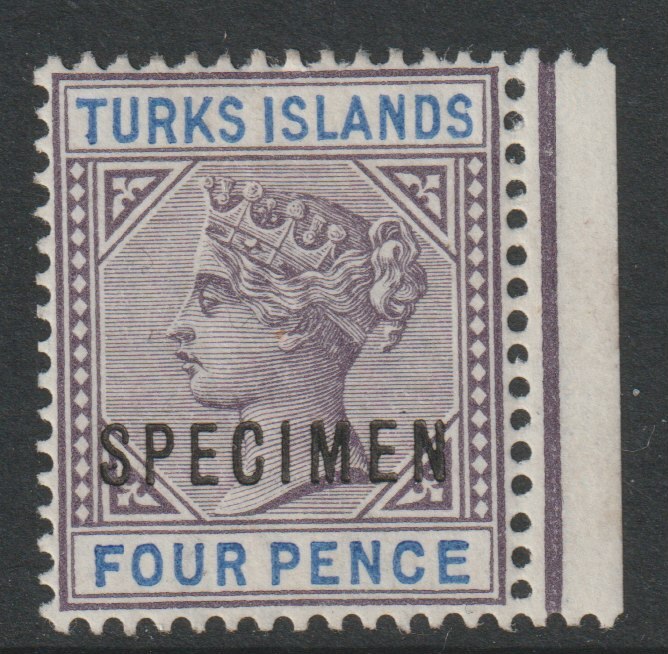 Turks Islands 1895 QV 4d overprinted SPECIMEN with Dot in S variety (Position 24) marginal with gum, stamps on specimens