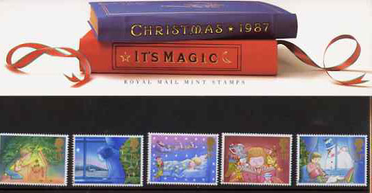 Great Britain 1987 Christmas set of 5 in official presentation pack, SG 1375-79, stamps on christmas, stamps on children, stamps on music, stamps on teddy bear, stamps on candles, stamps on santa