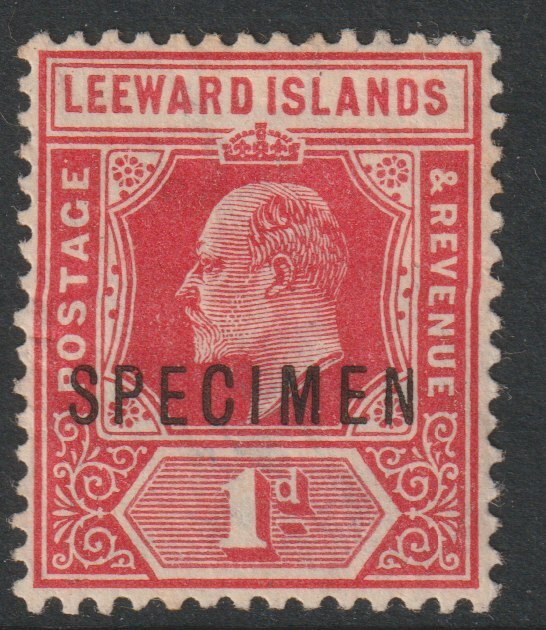 Leeward Islands 1907 KE7 1d overprinted SPECIMEN with Damaged P variety (position 42) with gum, stamps on specimens