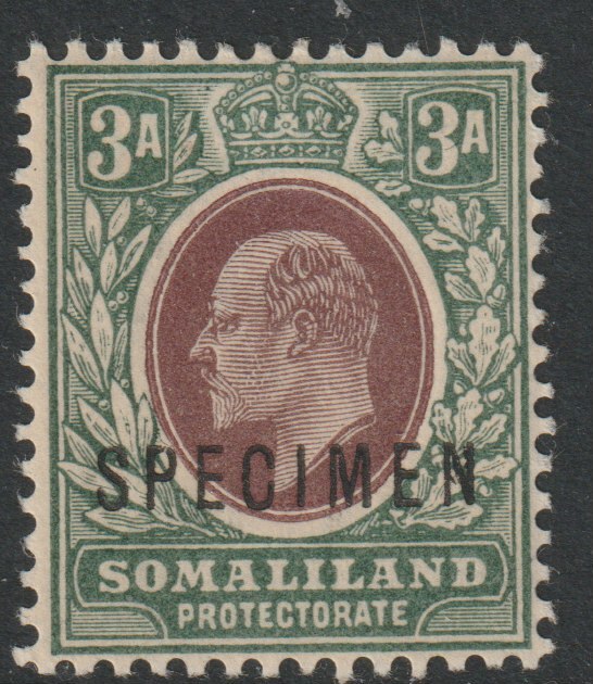 Somaliland 1904 KE7 3a overprinted SPECIMEN with Damaged P variety (position 42) with gum, stamps on specimens