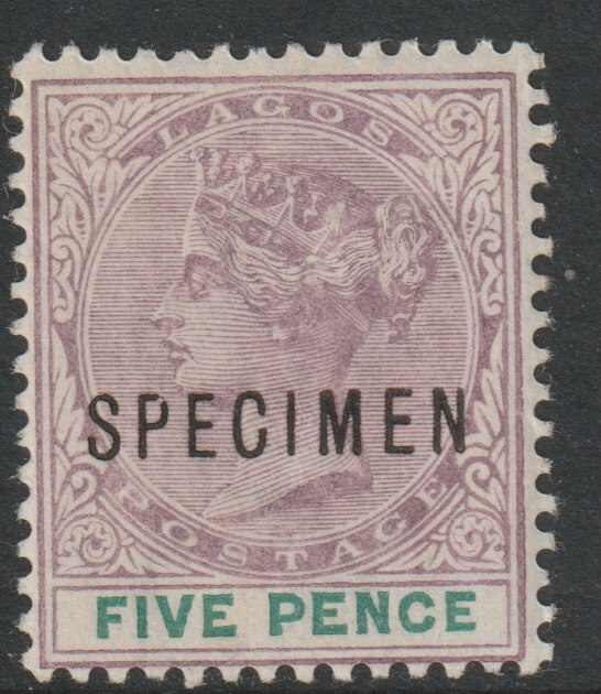 Lagos 1887 QV 5d overprinted SPECIMEN with Damaged P variety (position 42) with gum, stamps on specimens