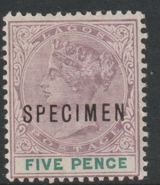 Lagos 1887 QV 5d overprinted SPECIMEN with Damaged P variety (position 42) with gum, stamps on , stamps on  stamps on specimens