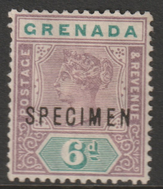 Grenada 1895 QV 6d overprinted SPECIMEN with ME Flaws (position 44) without gum, stamps on specimens
