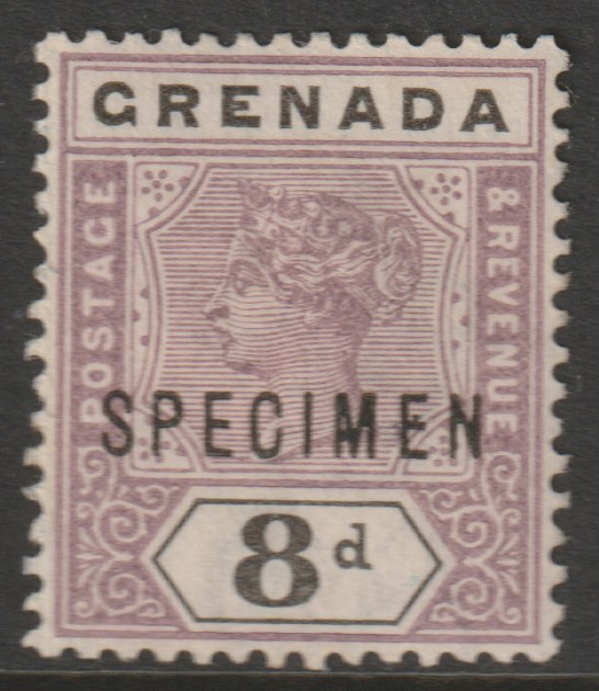 Grenada 1895 QV 8d overprinted SPECIMEN with ME Flaws (position 44) without gum, stamps on specimens