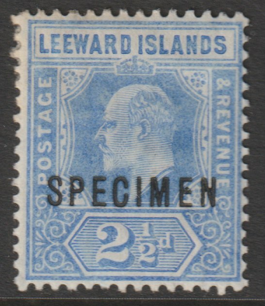 Leeward Islands 1907 KE7 2.5d overprinted SPECIMEN with ME Flaws (position 44) with gum, stamps on specimens