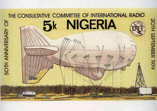 Nigeria 1979 International Radio Committee - original hand-painted artwork for 5k value (Showing Radio Airship) on card 9 x 5 with overlay , stamps on , stamps on  stamps on aviation, stamps on airships, stamps on radio, stamps on communications