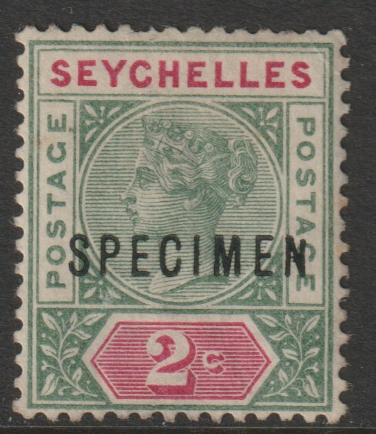 Seychelles 1890 QV 2c overprinted SPECIMEN with Short Topped N variety (Position 54) with gum, stamps on , stamps on  stamps on specimens