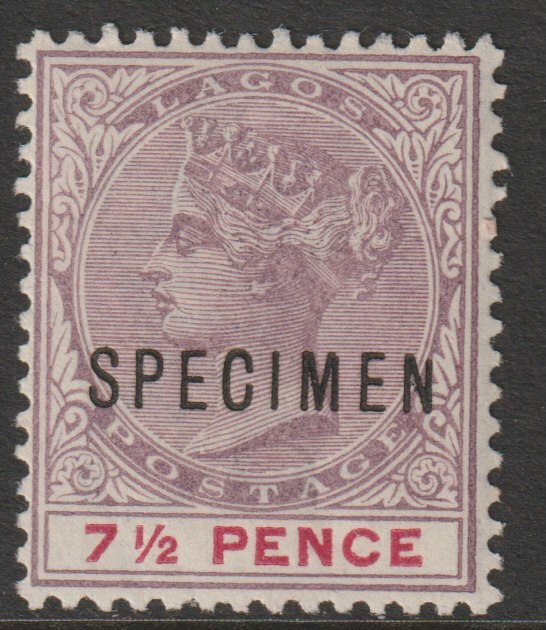 Lagos 1887 QV 7.5d overprinted SPECIMEN Short Topped N variety (Position 54) with gum, stamps on specimens
