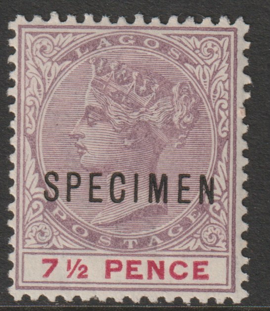Lagos 1887 QV 7.5d overprinted SPECIMEN Short Topped N variety (Position 54) with gum, stamps on , stamps on  stamps on specimens