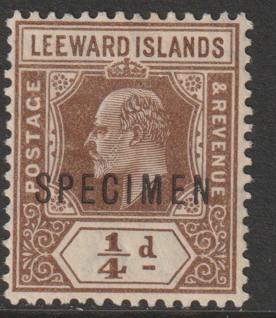 Leeward Islands 1907 KE7 1/4d overprinted SPECIMEN Short Topped N variety (Position 54) with gum, stamps on specimens