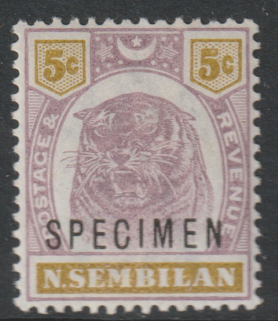 Malaya - Negri Sembilan 1895 Tiger 5c overprinted SPECIMEN Short Topped N variety (Position 54) with gum, stamps on , stamps on  stamps on specimens