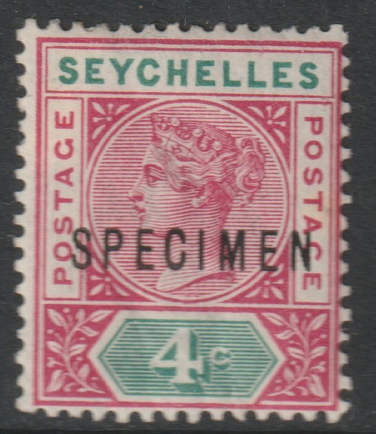 Seychelles 1890 QV 4c overprinted SPECIMEN with Spur on M variety (Occurs in positions 5, 23, 53 & 59) with gum, stamps on , stamps on  stamps on specimens