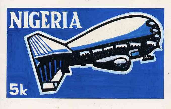 Nigeria 1979 International Radio Committee - original hand-painted artwork for 5k value (Showing Radio Airship) by Godrick N Osuji on card 7 x 4 with overlay endorsed A1, stamps on , stamps on  stamps on aviation    airships   radio   communications