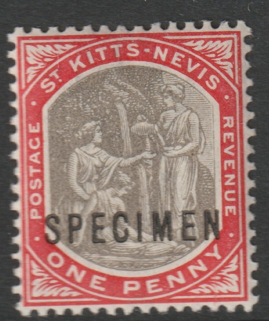 St Kitts-Nevis 1903 Medicinal Spring 1d overprinted SPECIMEN with Spur on M variety (Occurs in positions 5, 23, 53 & 59) with gum, stamps on specimens