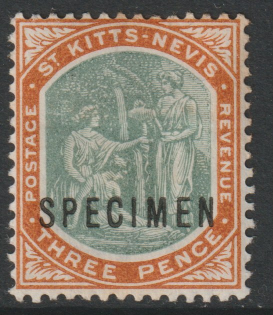 St Kitts-Nevis 1903 Medicinal Spring 3d overprinted SPECIMEN with Spur on M variety (Occurs in positions 5, 23, 53 & 59) with gum, stamps on specimens