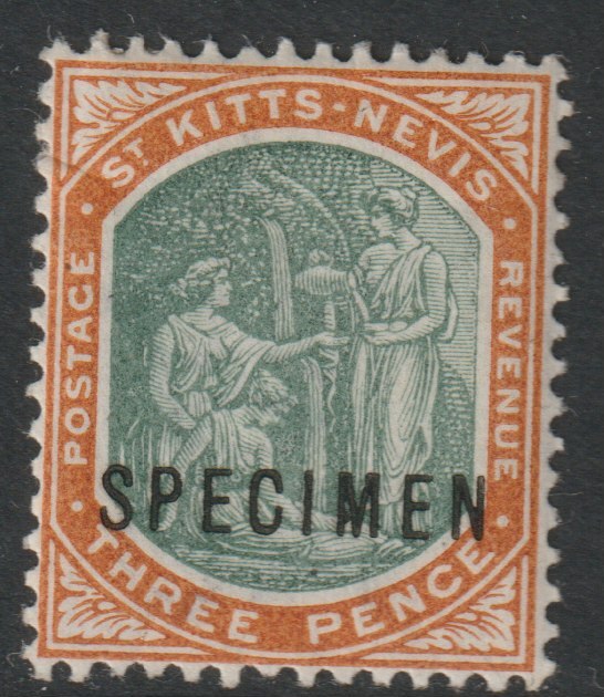 St Kitts-Nevis 1903 Medicinal Spring 3d overprinted SPECIMEN with Spur on M variety (Occurs in positions 5, 23, 53 & 59) with gum, stamps on specimens