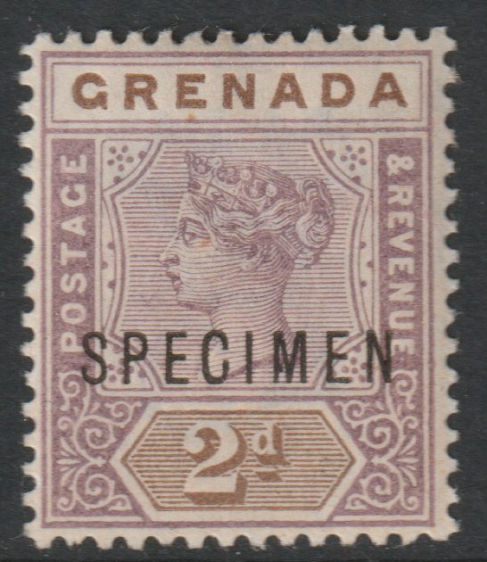Grenada 1895 QV 2d overprinted SPECIMEN with Spur on M variety (Occurs in positions 5, 23, 53 & 59) with gum, stamps on , stamps on  stamps on specimens