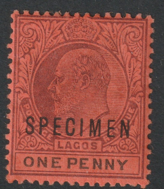 Lagos 1904 KE7 1d overprinted SPECIMEN with Spur on M variety (Occurs in positions 5, 23, 53 & 59) with gum, stamps on , stamps on  stamps on specimens