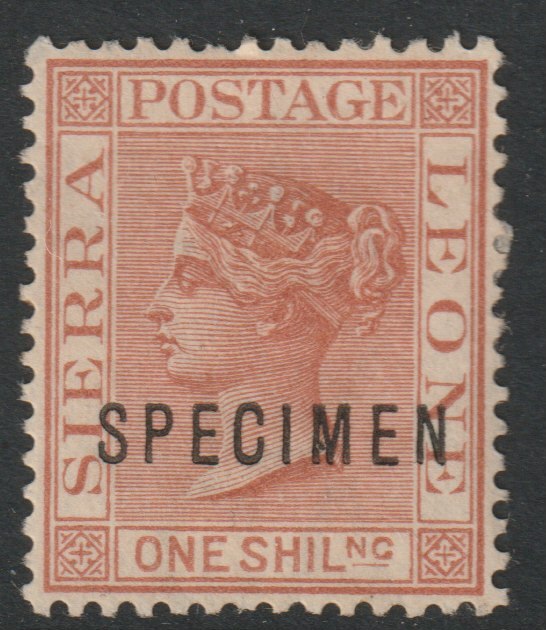 Sierra Leone 1884 QV 1s overprinted SPECIMEN with Spur on M variety (Occurs in positions 5, 23, 53 & 59) with gum, stamps on , stamps on  stamps on specimens