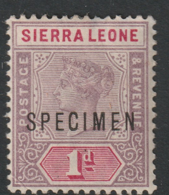 Sierra Leone 1896 QV 1d overprinted SPECIMEN with Spur on M variety (Occurs in positions 5, 23, 53 & 59) with gum, stamps on , stamps on  stamps on specimens