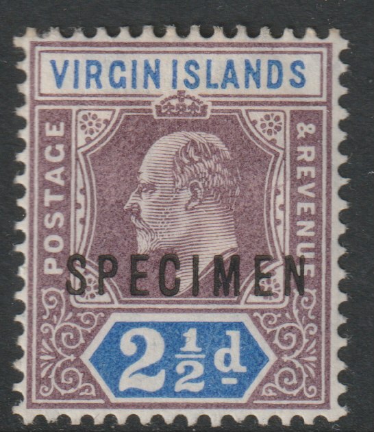 British Virgin Islands 1904 KE7 2.5d overprinted SPECIMEN with Spur on M variety (Occurs in positions 5, 23, 53 & 59) with gum, stamps on , stamps on  stamps on specimens