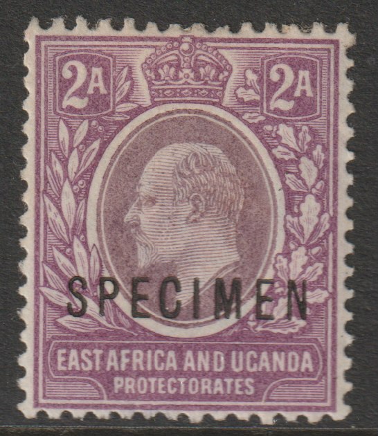 Kenya, Uganda & Tanganyika 1903 KE7 2a overprinted SPECIMEN with Spur on M variety (Occurs in positions 5, 23, 53 & 59) with gum, stamps on , stamps on  stamps on specimens