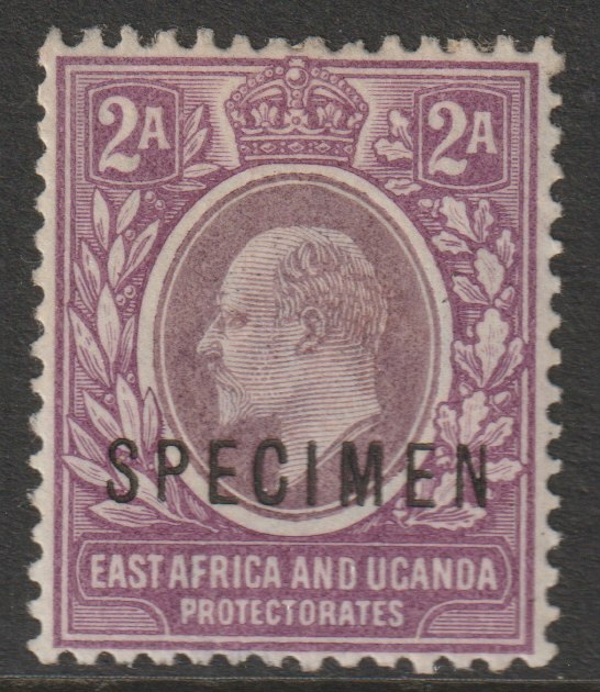 Kenya, Uganda & Tanganyika 1903 KE7 2a overprinted SPECIMEN with Spur on M variety (Occurs in positions 5, 23, 53 & 59) with gum, stamps on specimens