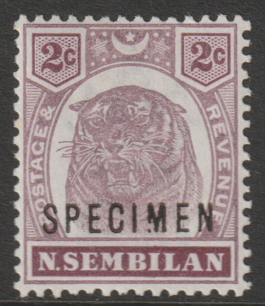 Malaya - Negri Sembilan 1895 Tiger 2c overprinted SPECIMEN with Broken M variety (Position 41) with gum, stamps on , stamps on  stamps on specimens
