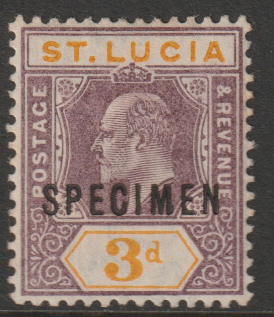 St Lucia 1902 KE7 3d overprinted SPECIMEN with Club Foot on M variety (Position 47) with gum, stamps on specimens