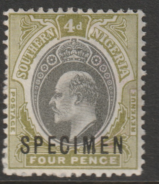 Southern Nigeria 1901 KE7 4d overprinted SPECIMEN with Club Foot on M variety (Position 47) with gum, stamps on specimens