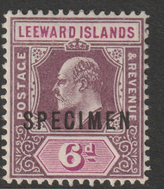 Leeward Islands 1907 KE7 6d overprinted SPECIMEN with Club Foot on M variety (Position 47) with gum, stamps on , stamps on  stamps on specimens