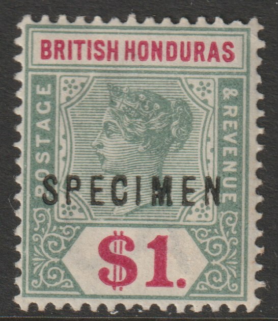 British Honduras 1891 QV $1 overprinted SPECIMEN with Flaw on M variety (Position ??) with gum, stamps on , stamps on  stamps on specimens