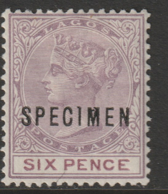 Lagos 1887 QV 6d overprinted SPECIMEN with  Flaws on S & M (position 55?) with gum, stamps on specimens