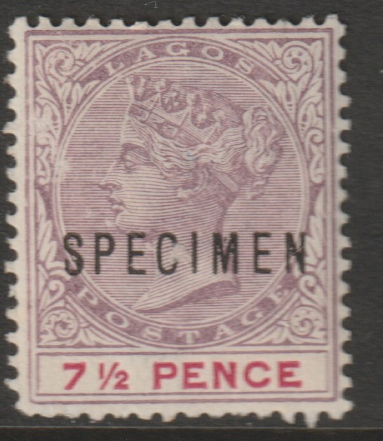 Lagos 1887 QV 7.5d overprinted SPECIMEN with  Flaws on S & M (position 55?) with gum, stamps on specimens