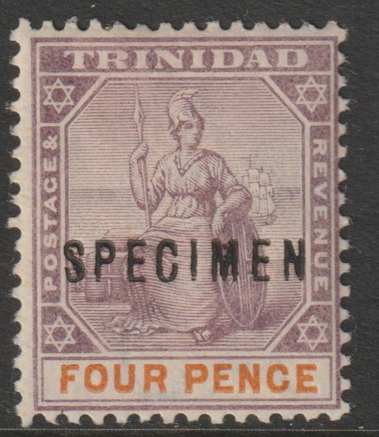 Trinidad 1896 Britannia 4d overprinted SPECIMEN with  Flaws on S & M (position 55?) with gum, stamps on , stamps on  stamps on specimens