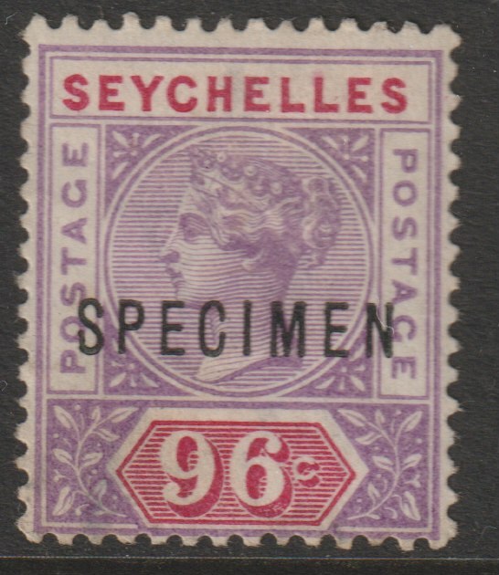 Seychelles 1890 QV Crown CA 96c overprinted SPECIMEN without gum but only 345 produced, SG 8s, stamps on specimens