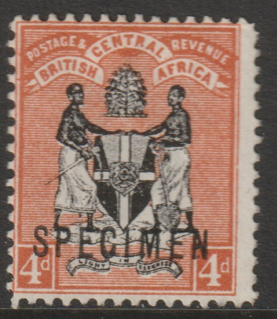 Nyasaland 1896 Arms Crown CA 4d overprinted SPECIMEN without gum but only 75 produced, SG 34s, stamps on specimens