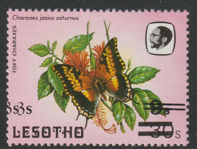 Lesotho 1986-88 Foxy Charaxes Provisional 3s on 9s on 60s unmounted mint with 3s surch doubled, SG 734var, stamps on , stamps on  stamps on butterflies