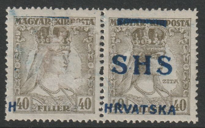Yugoslavia - Croatia 1918 Queen Zita 40f horizontal pair with wrong overprint on one and mainly omitted on the other, fine mounted mint SG77var, stamps on royalty`
